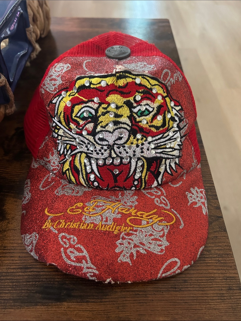 🌸 vintage ED HARDY red rhinestone snap back hat cap Christian Audigier tiger